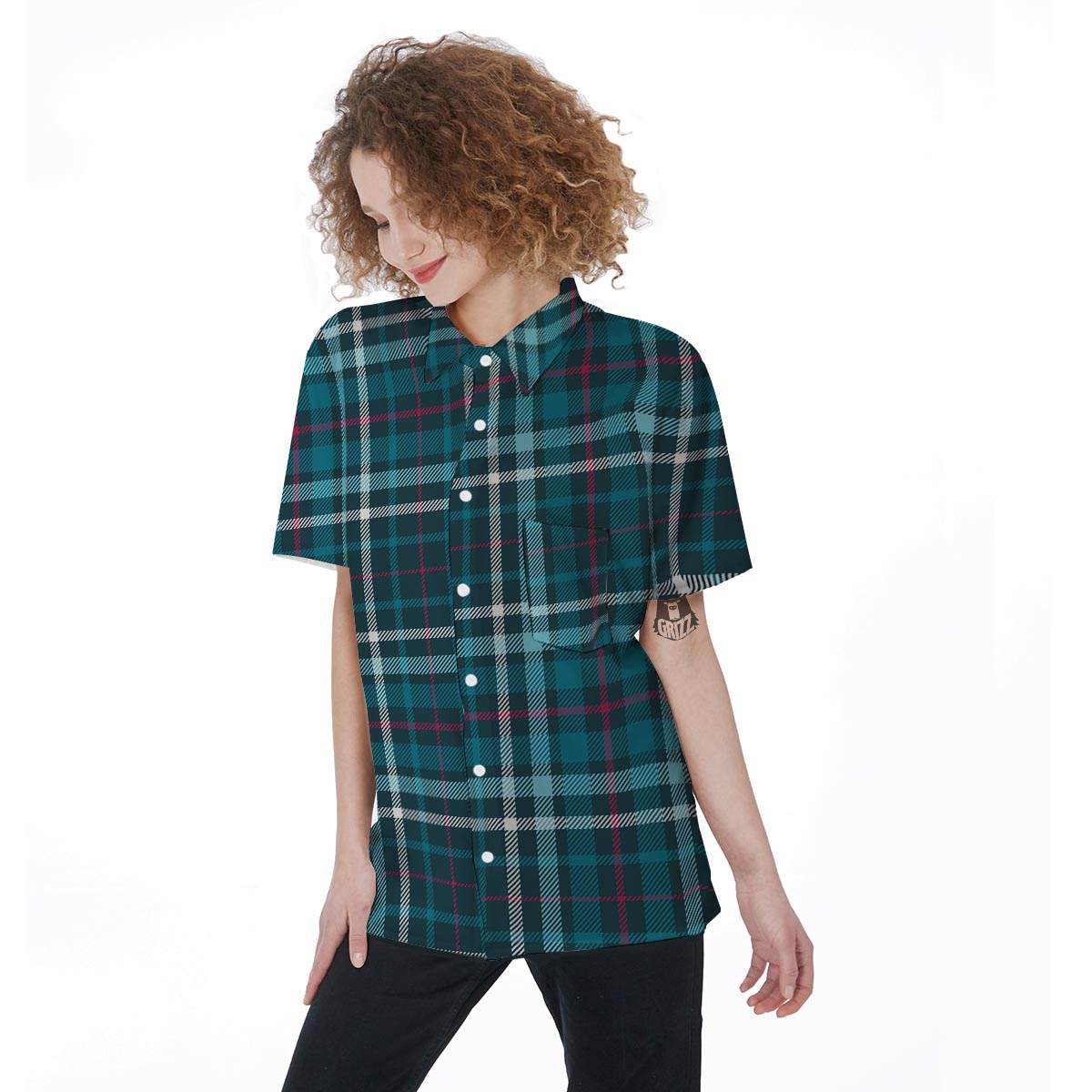 Blue Aqua Plaid Tartan Women's Short Sleeve Shirts-grizzshop