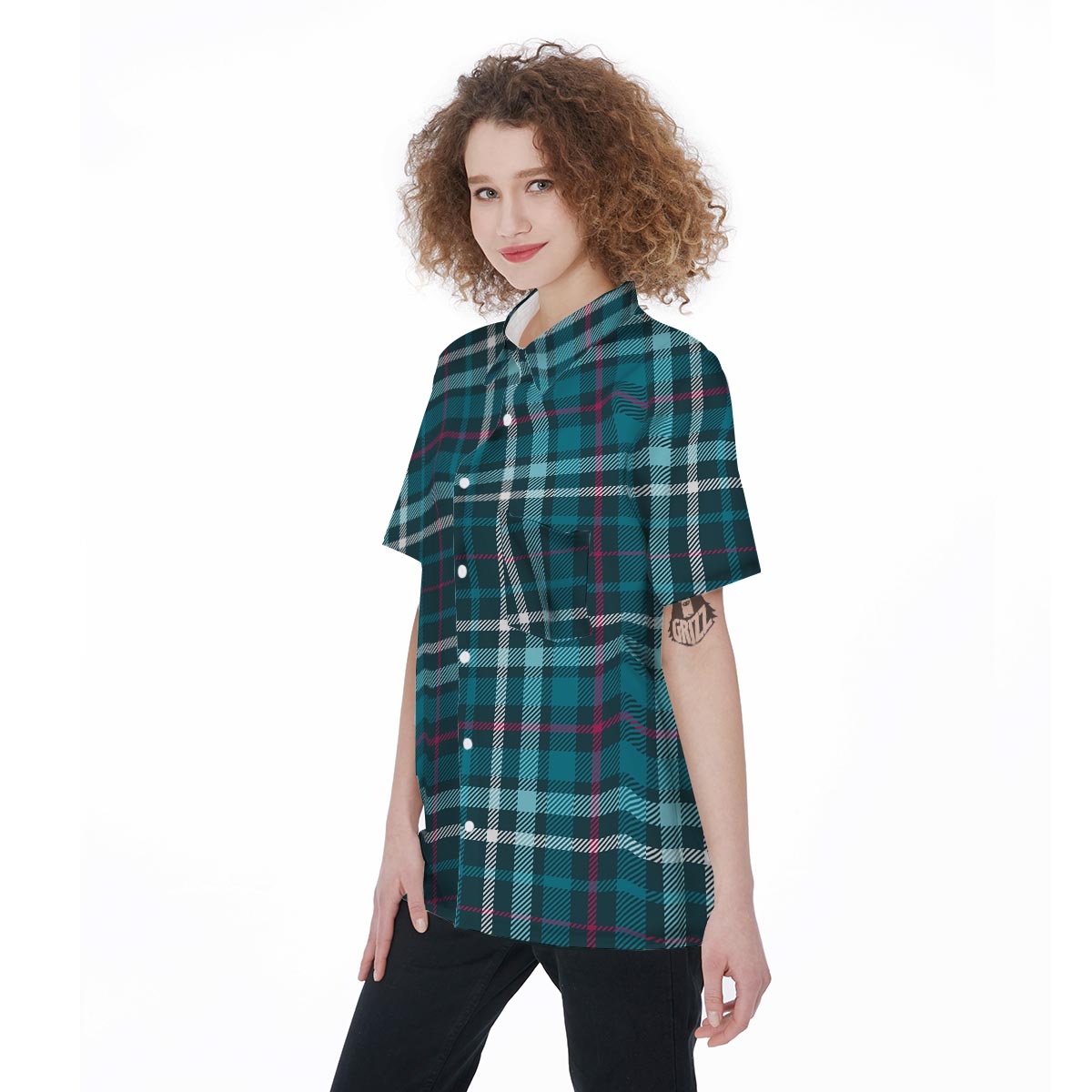 Blue Aqua Plaid Tartan Women's Short Sleeve Shirts-grizzshop