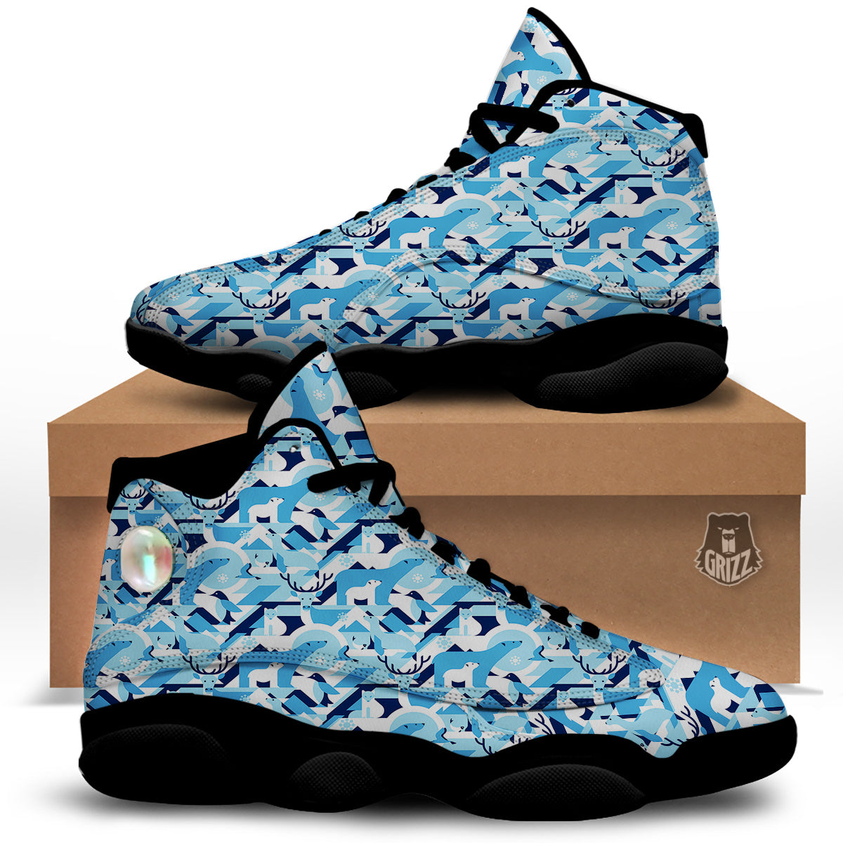 Blue Arctic Animals Print Pattern Black Basketball Shoes-grizzshop