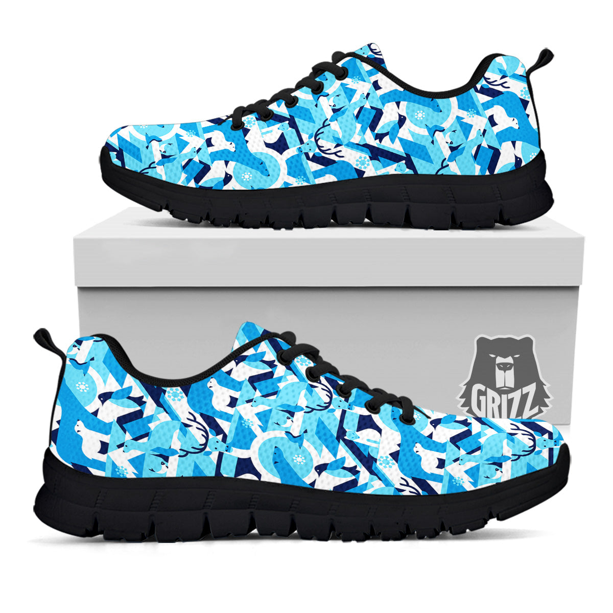 Blue Arctic Animals Print Pattern Black Sneaker-grizzshop