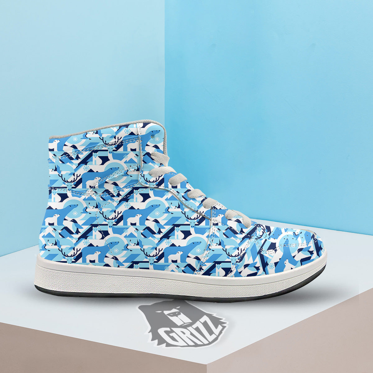 Blue Arctic Animals Print Pattern High Top Sneakers-grizzshop