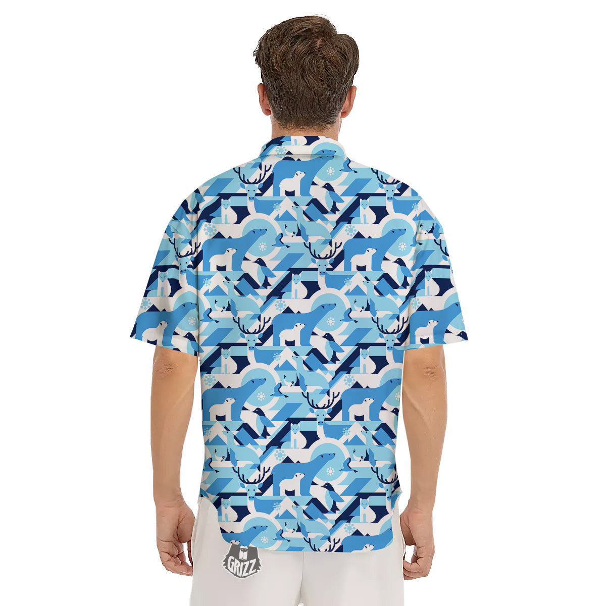 Blue Arctic Animals Print Pattern Men's Short Sleeve Shirts-grizzshop