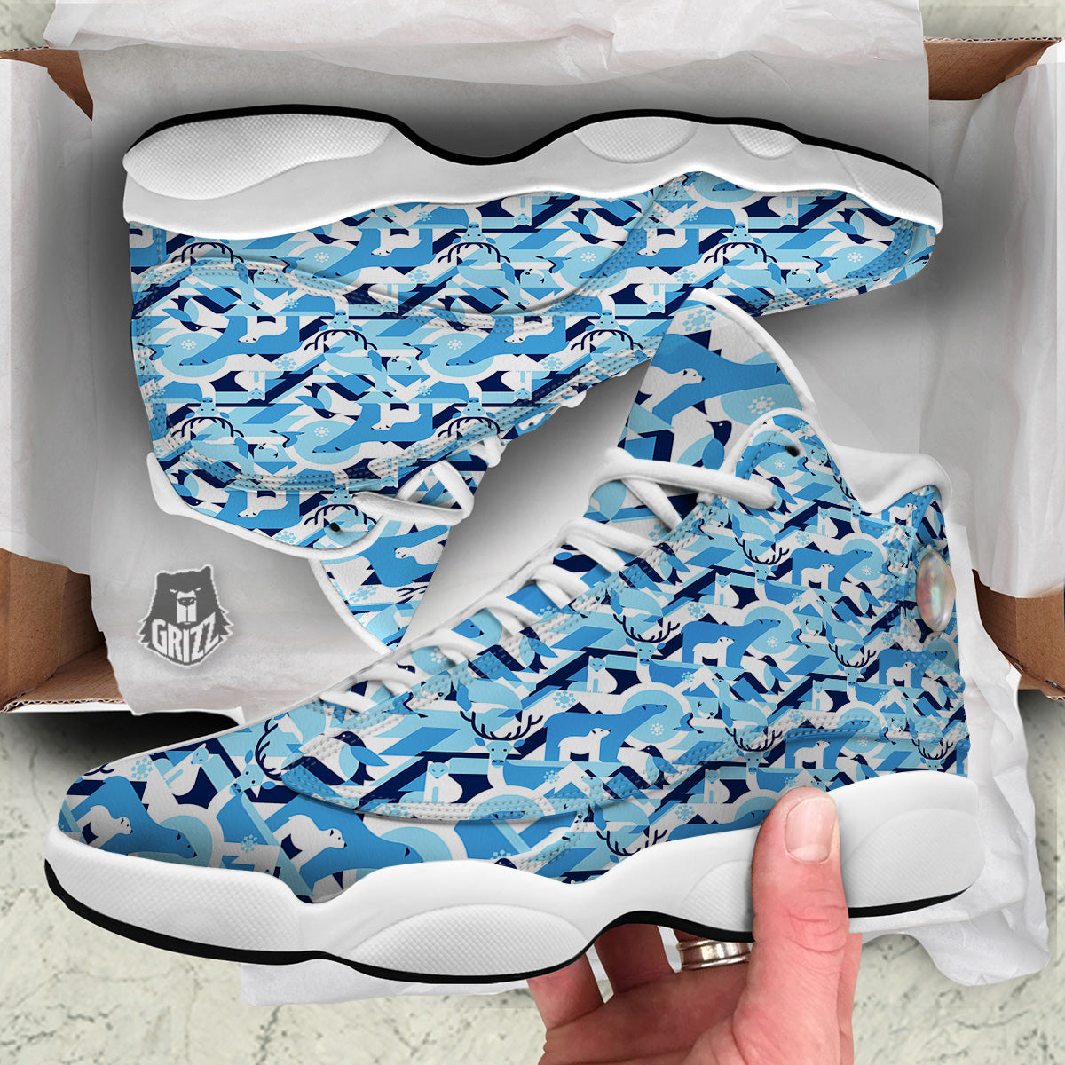 Blue Arctic Animals Print Pattern White Basketball Shoes-grizzshop