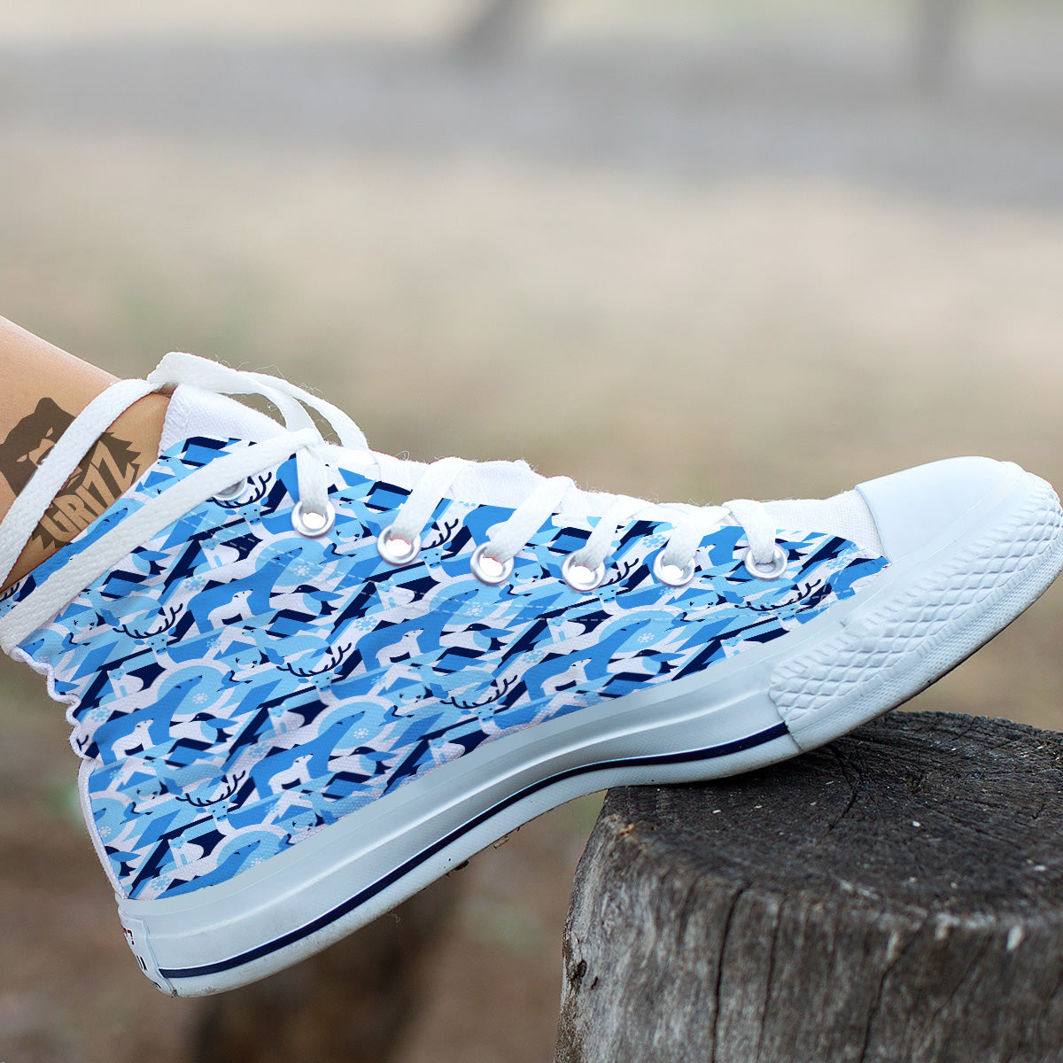 Blue Arctic Animals Print Pattern White High Top Shoes-grizzshop