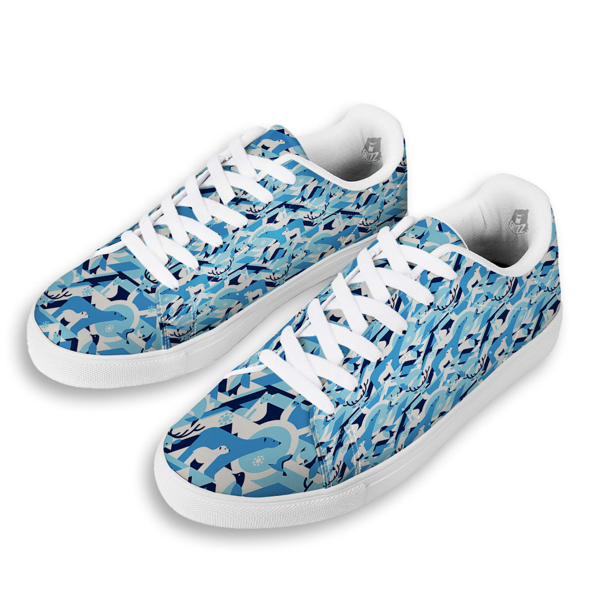 Blue Arctic Animals Print Pattern White Low Top Sneakers-grizzshop