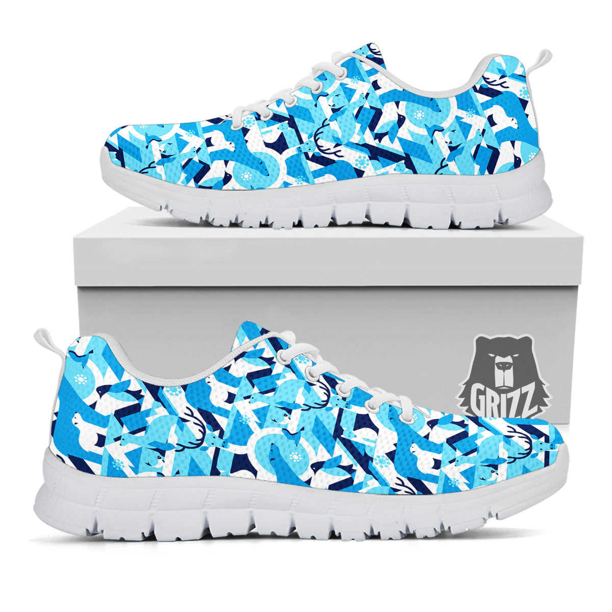 Blue Arctic Animals Print Pattern White Sneaker-grizzshop