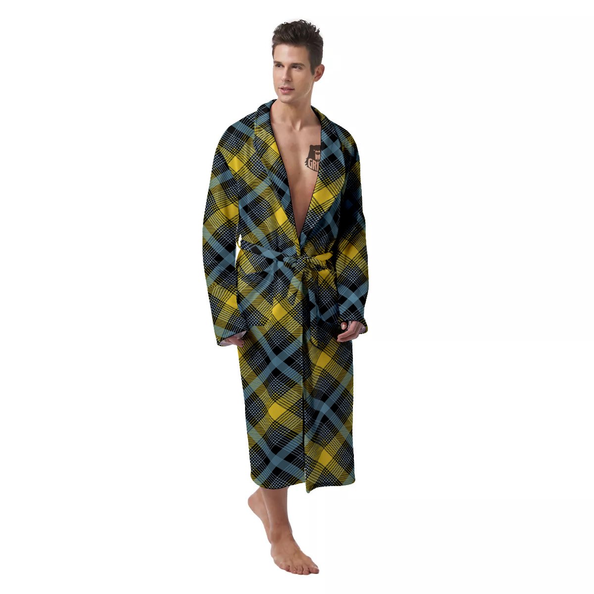 Blue Argyle And Black Yellow Print Pattern Men's Robe-grizzshop