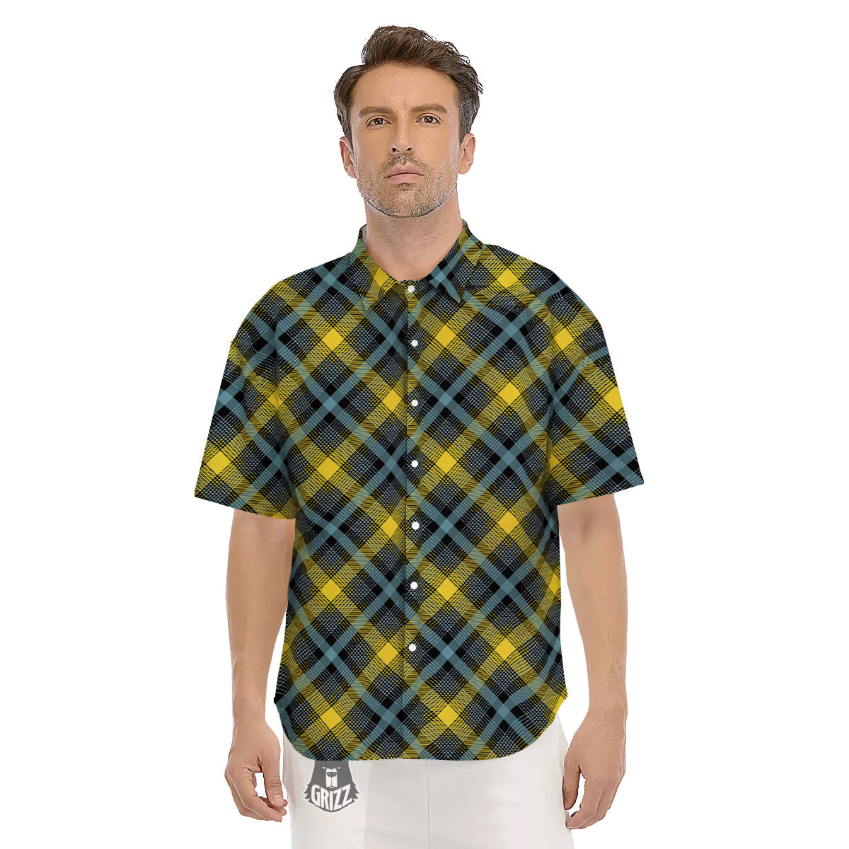 Blue Argyle And Black Yellow Print Pattern Men's Short Sleeve Shirts-grizzshop