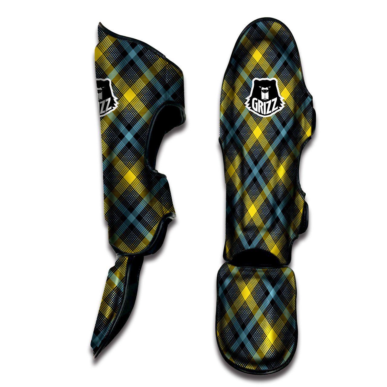 Blue Argyle And Black Yellow Print Pattern Muay Thai Shin Guards-grizzshop