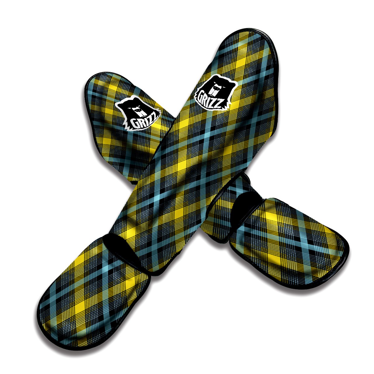 Blue Argyle And Black Yellow Print Pattern Muay Thai Shin Guards-grizzshop