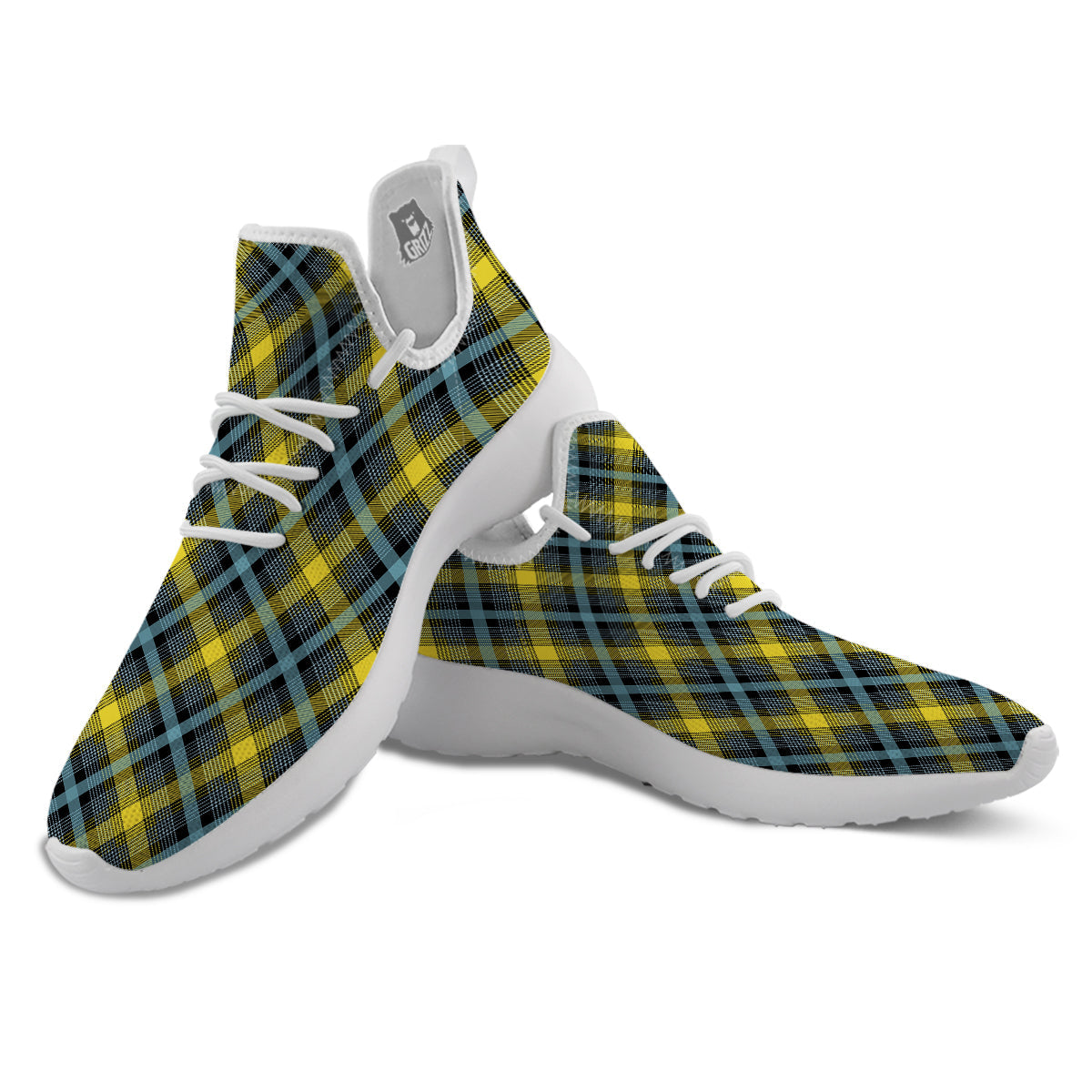 Blue Argyle And Black Yellow Print Pattern White Athletic Shoes-grizzshop