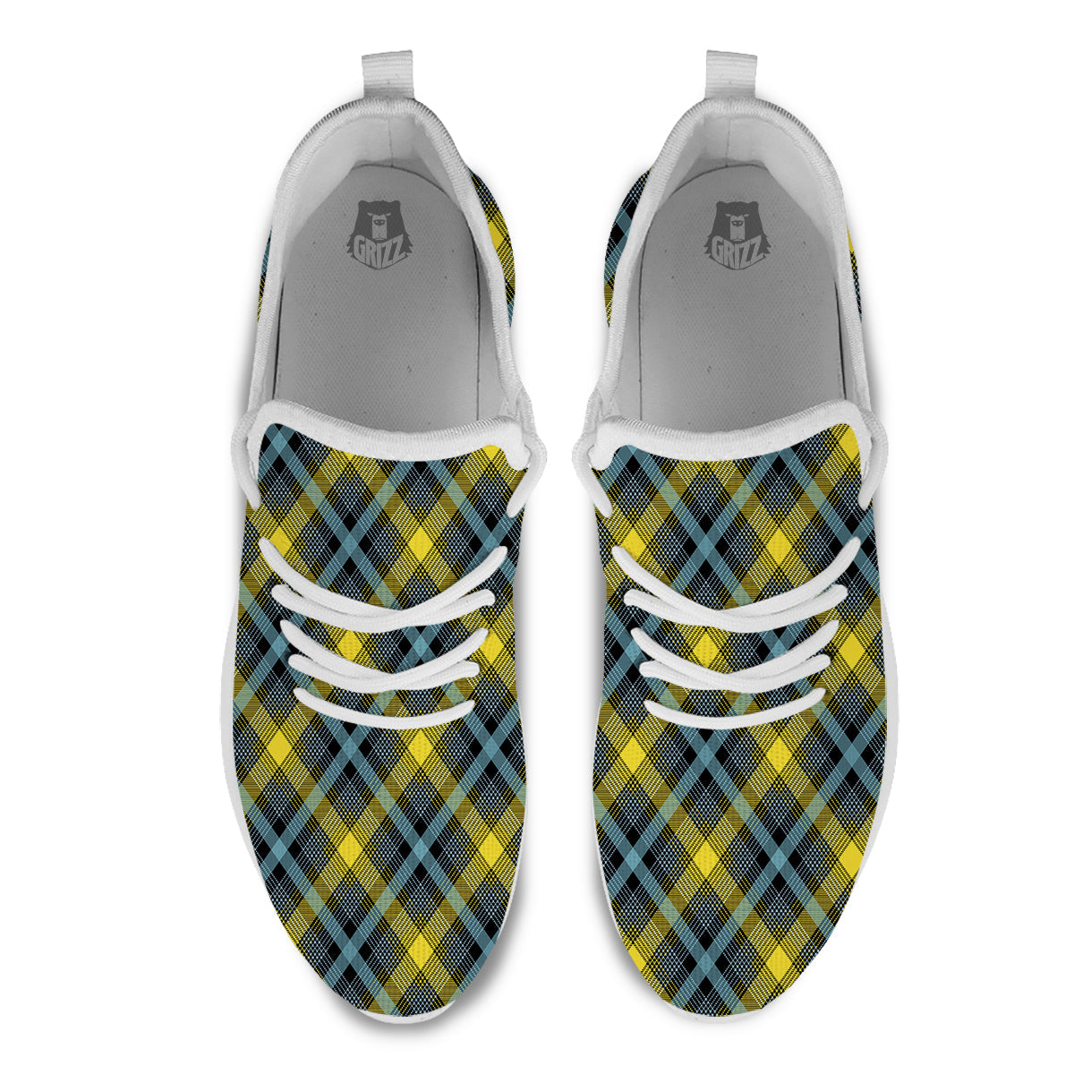 Blue Argyle And Black Yellow Print Pattern White Athletic Shoes-grizzshop