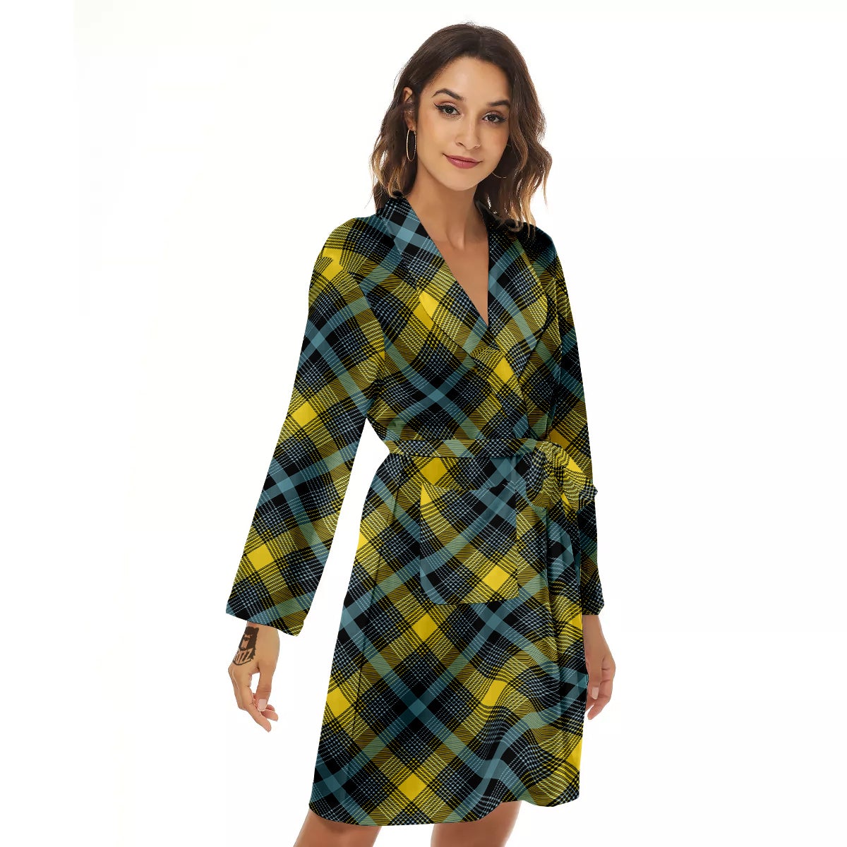 Blue Argyle And Black Yellow Print Pattern Women's Robe-grizzshop