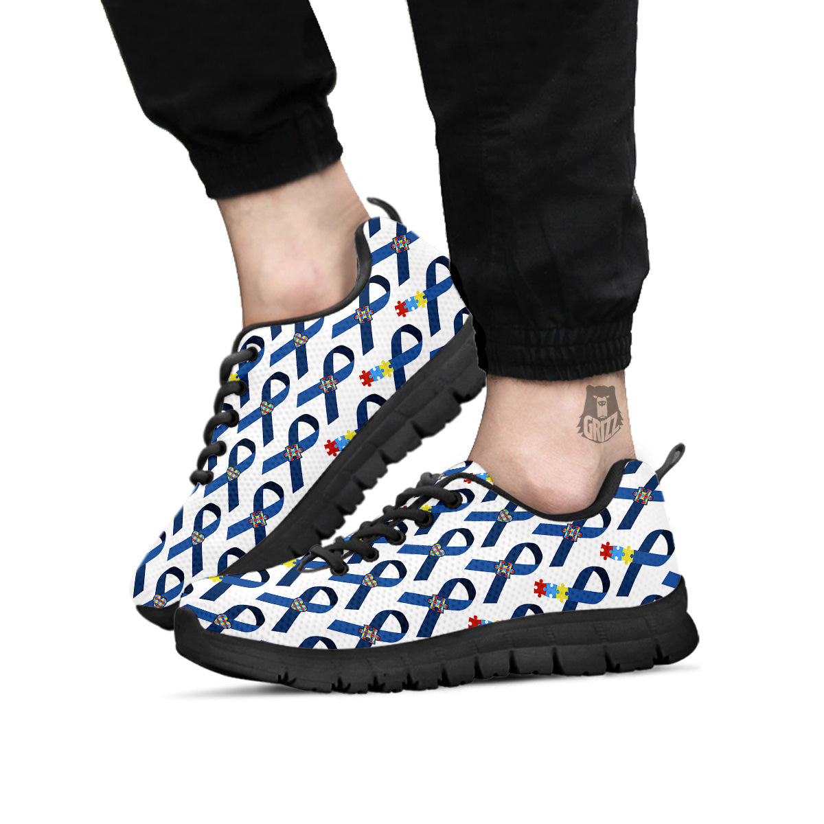 Blue Autism Awarenes Print Pattern Black Sneaker-grizzshop