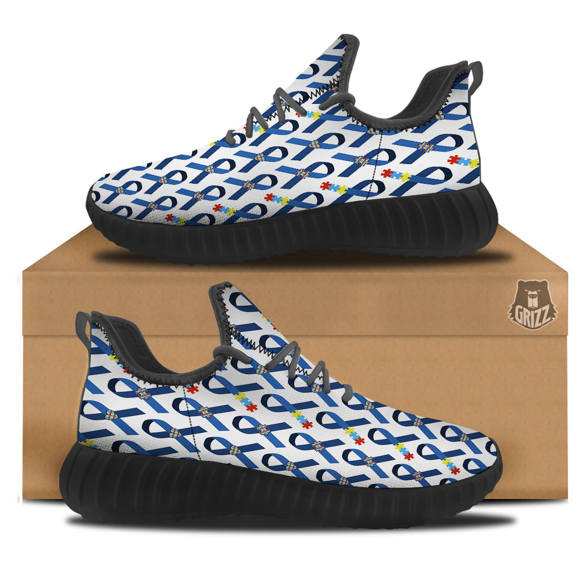 Blue Autism Awarenes Print Pattern Black Walking Shoes-grizzshop