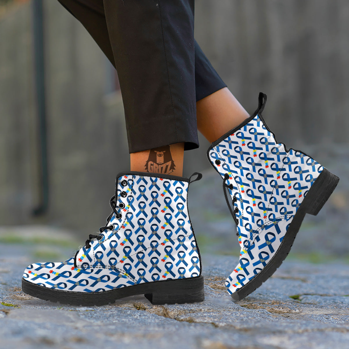 Blue Autism Awarenes Print Pattern Leather Boots-grizzshop