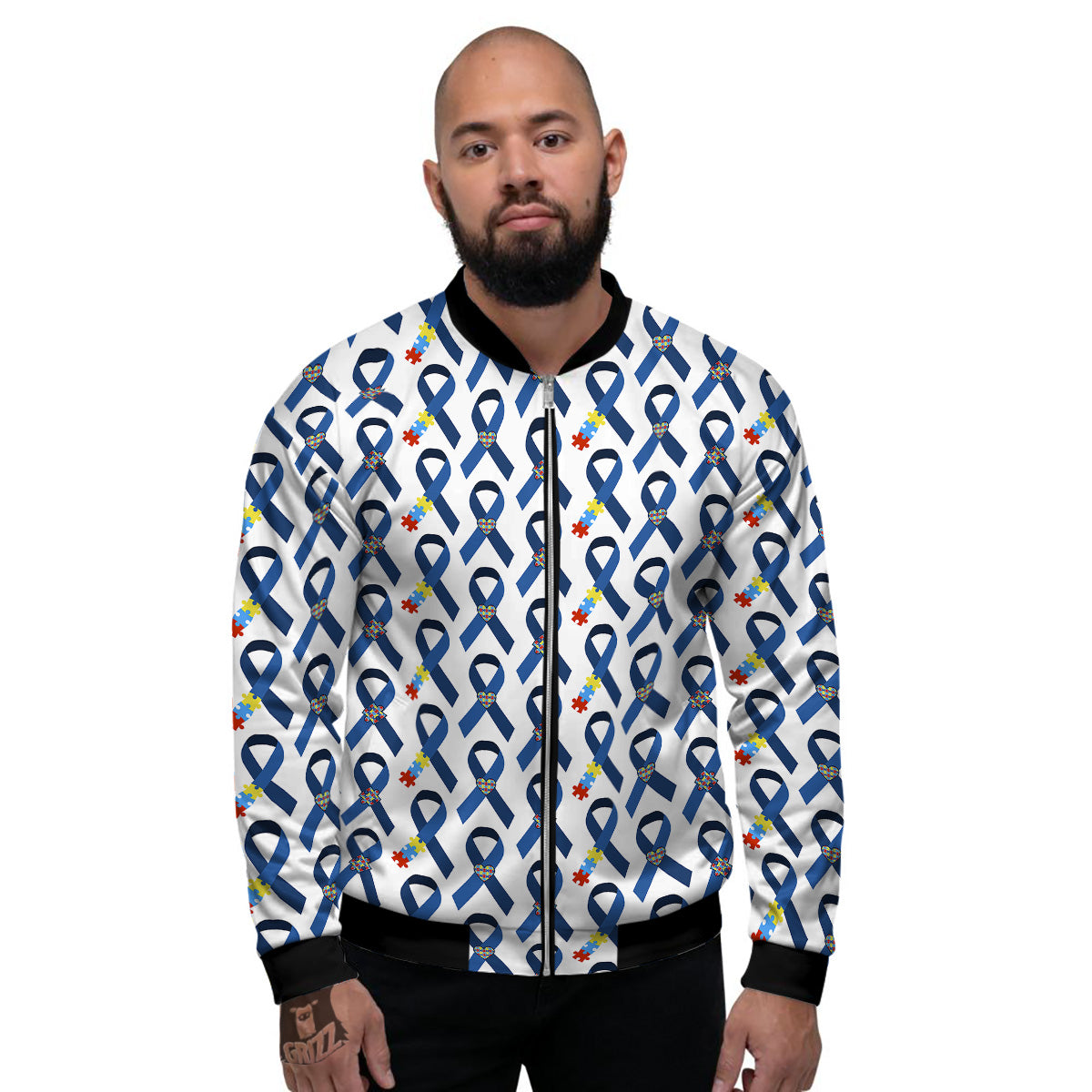 Blue Autism Awarenes Print Pattern Men's Bomber Jacket-grizzshop