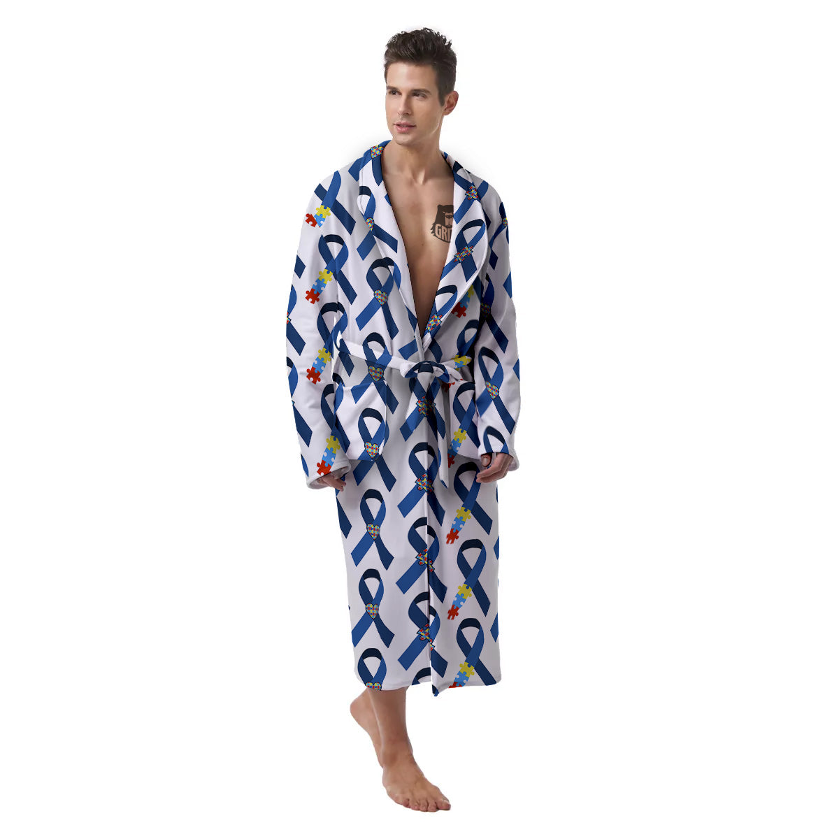 Blue Autism Awarenes Print Pattern Men's Robe-grizzshop