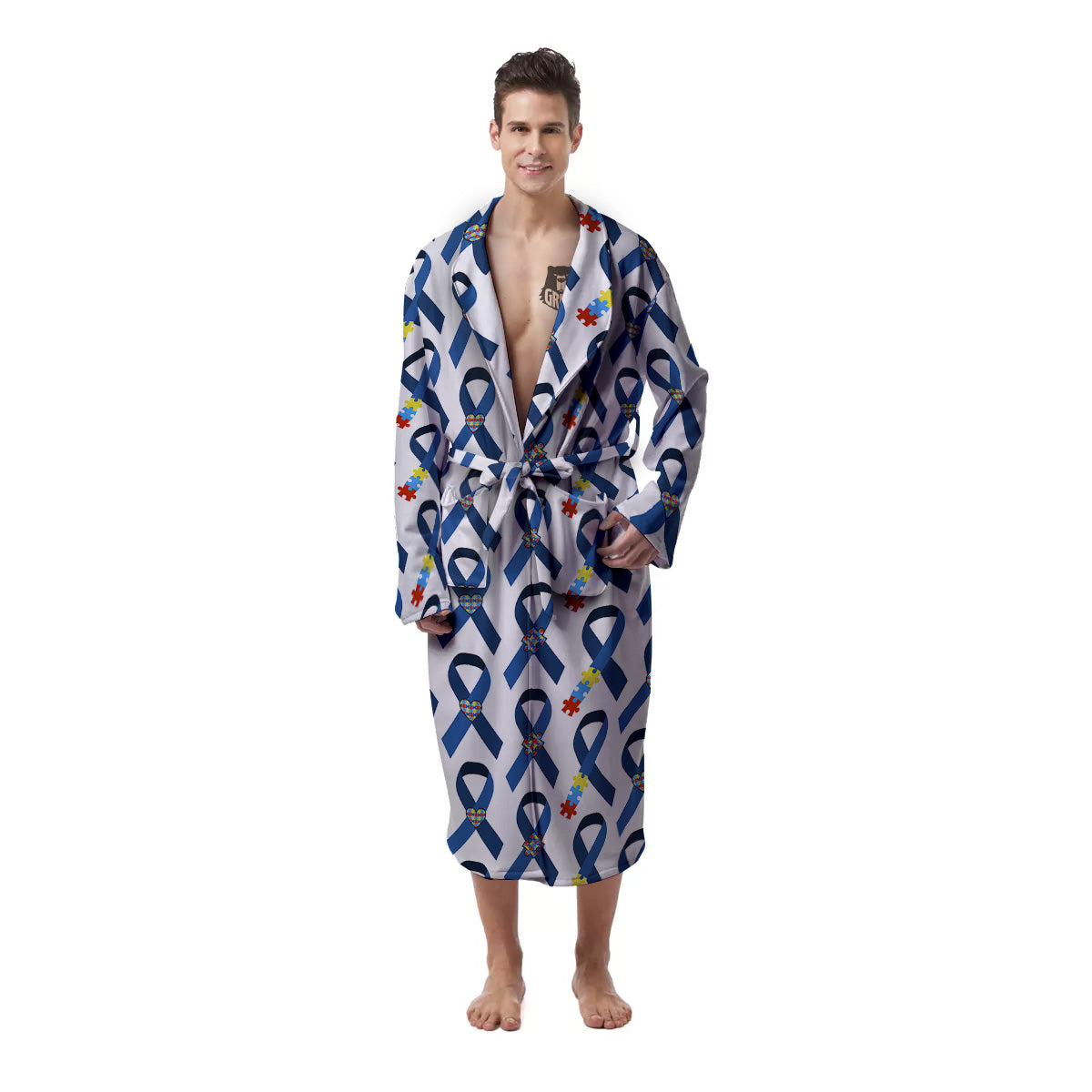 Blue Autism Awarenes Print Pattern Men's Robe-grizzshop