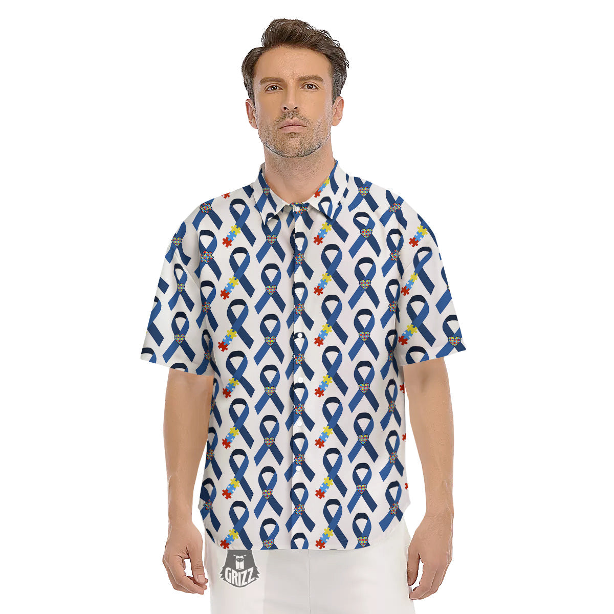 Blue Autism Awarenes Print Pattern Men's Short Sleeve Shirts-grizzshop