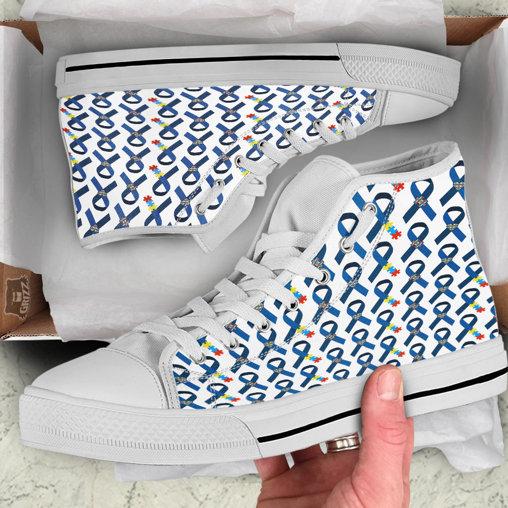 Blue Autism Awarenes Print Pattern White High Top Shoes-grizzshop
