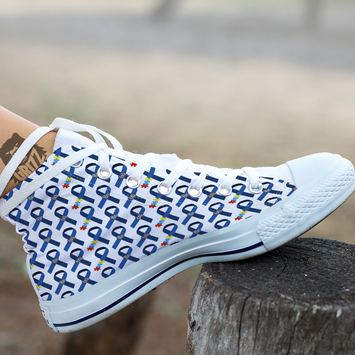 Blue Autism Awarenes Print Pattern White High Top Shoes-grizzshop