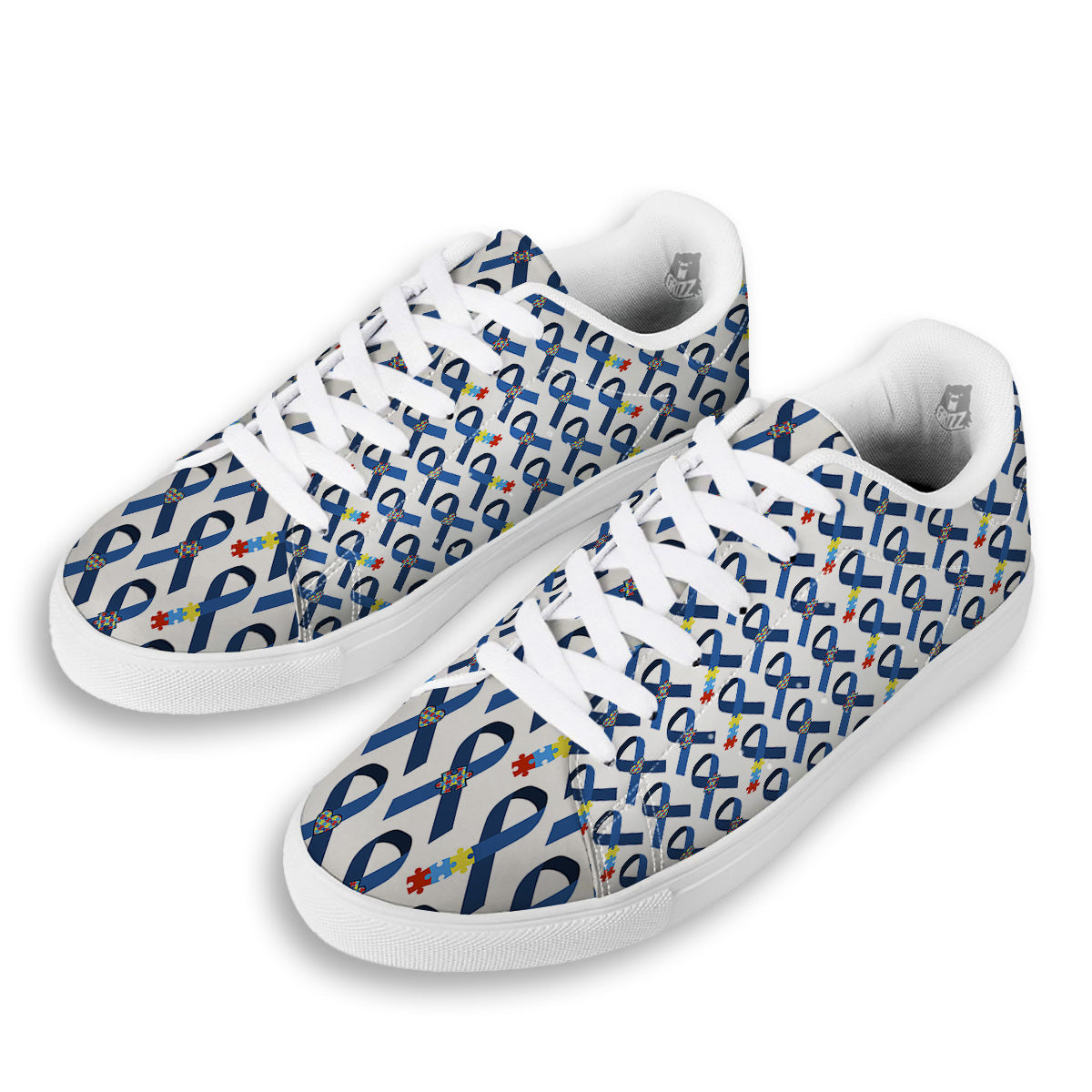 Blue Autism Awarenes Print Pattern White Low Top Sneakers-grizzshop