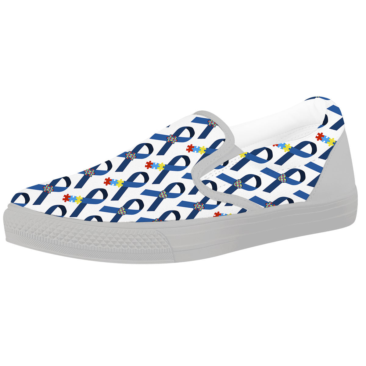 Blue Autism Awarenes Print Pattern White Slip On Shoes-grizzshop