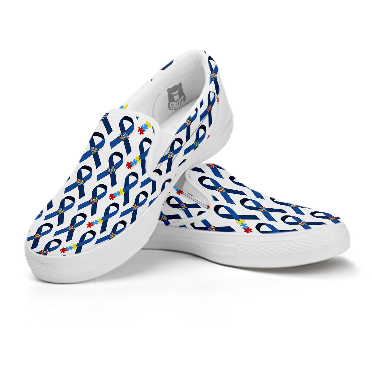 Blue Autism Awarenes Print Pattern White Slip On Shoes-grizzshop