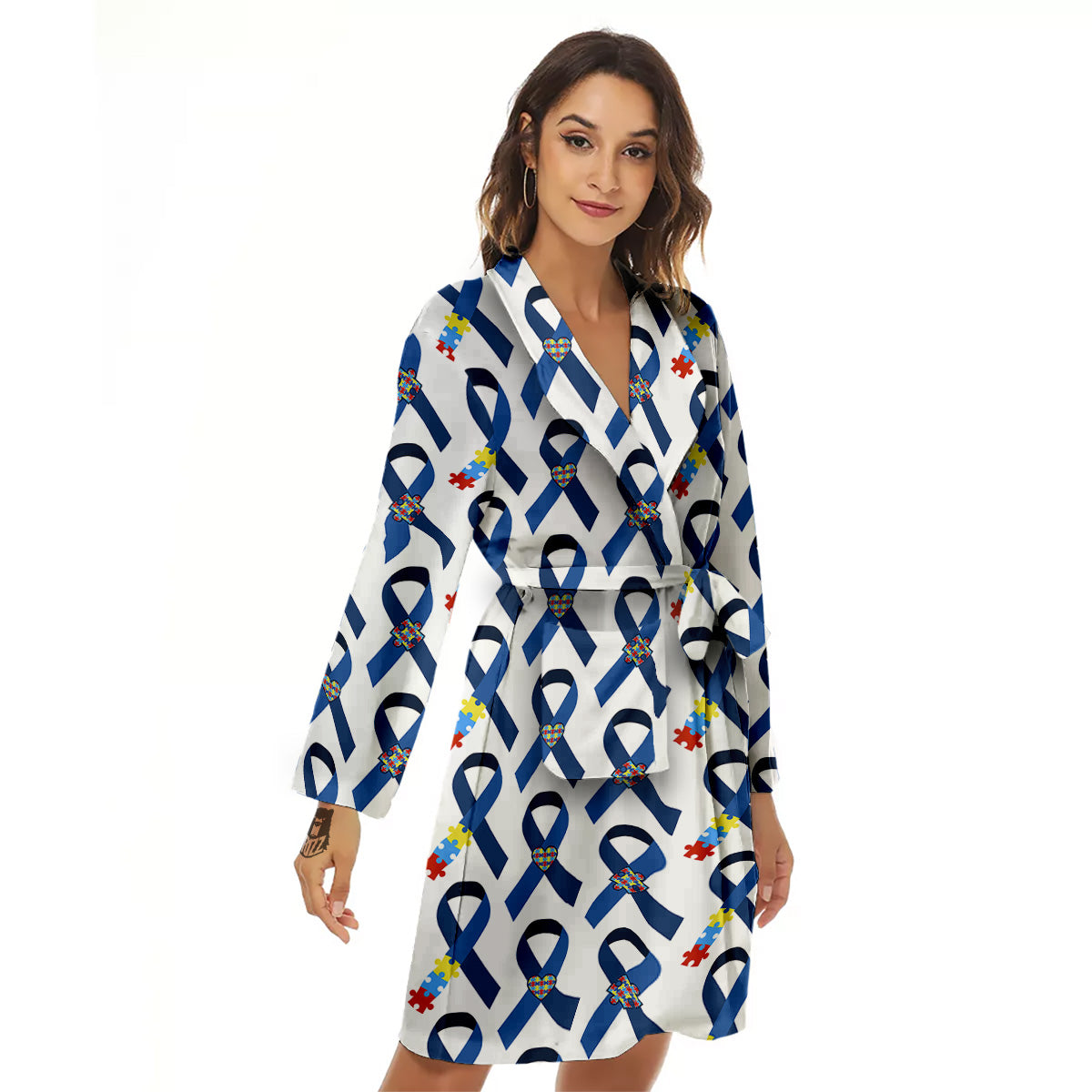 Blue Autism Awarenes Print Pattern Women's Robe-grizzshop