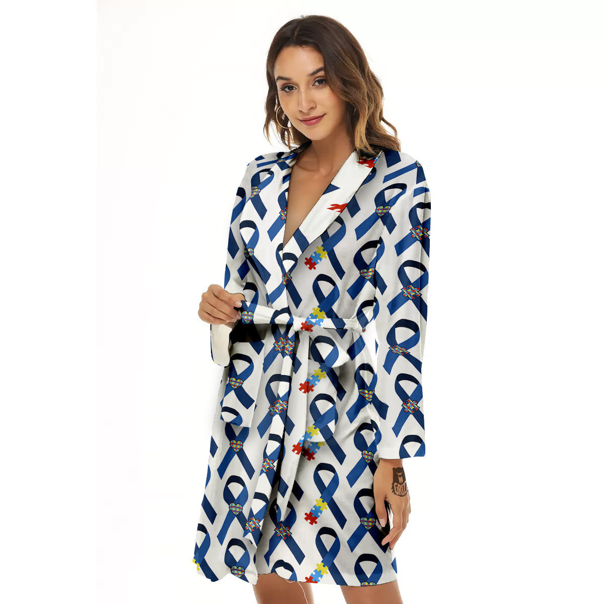 Blue Autism Awarenes Print Pattern Women's Robe-grizzshop