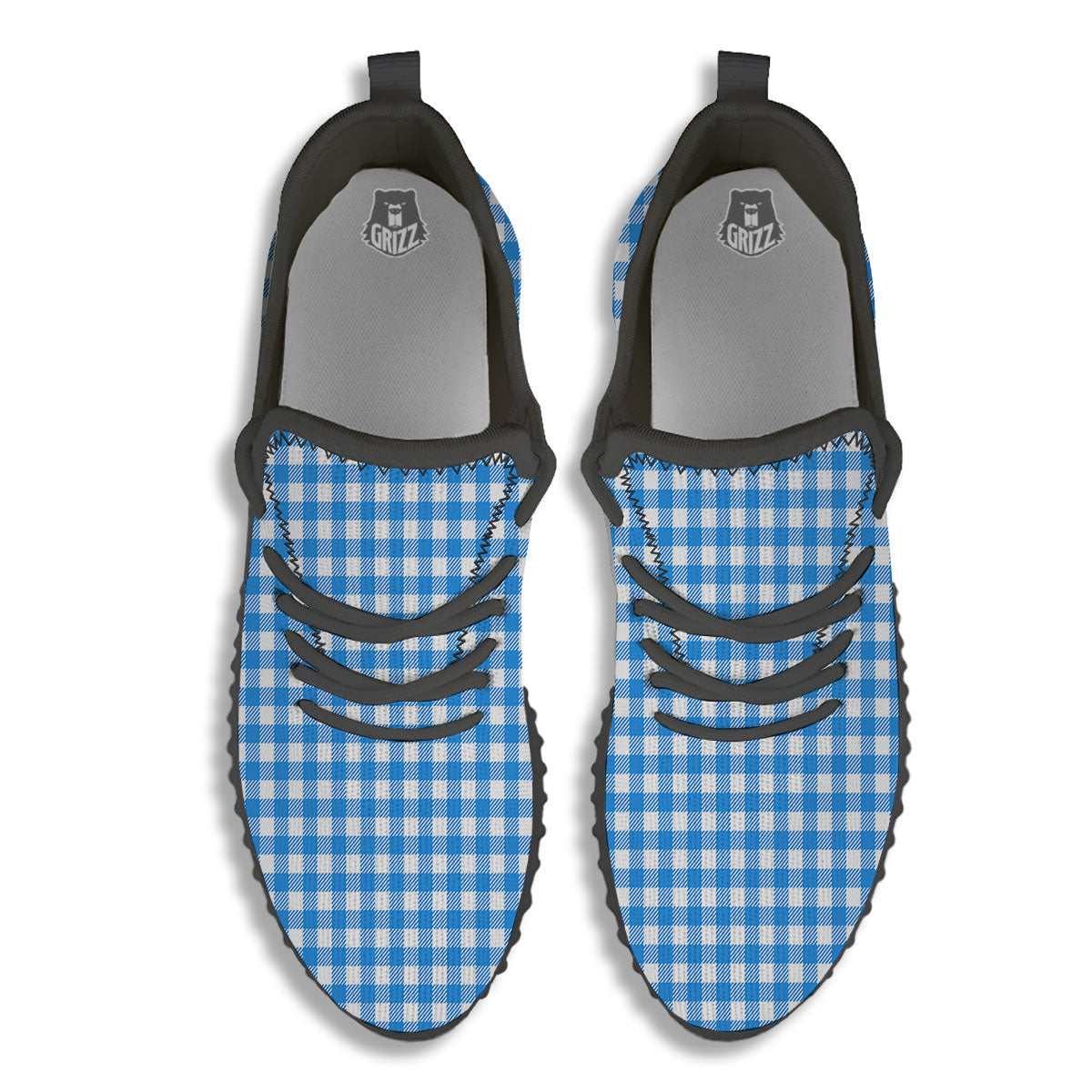 Blue Azure And White Gingham Print Black Walking Shoes-grizzshop