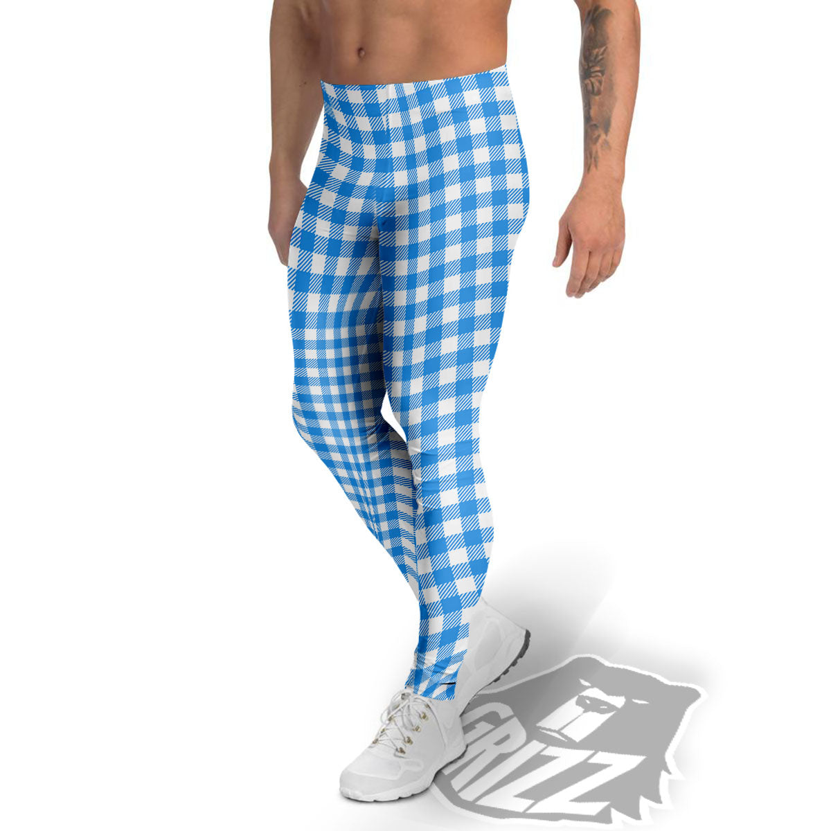 Blue Azure And White Gingham Print Men's Leggings-grizzshop