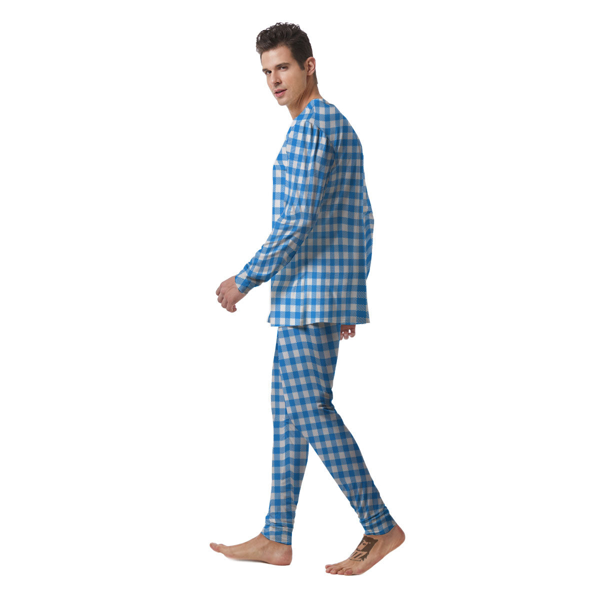 Blue Azure And White Gingham Print Men's Pajamas-grizzshop