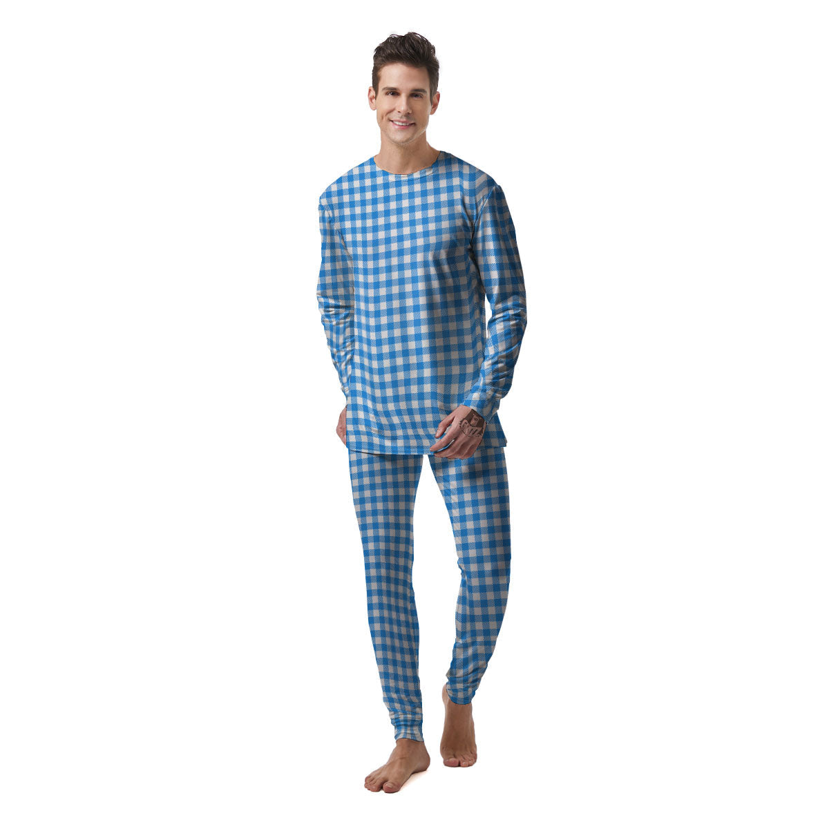 Blue Azure And White Gingham Print Men's Pajamas-grizzshop