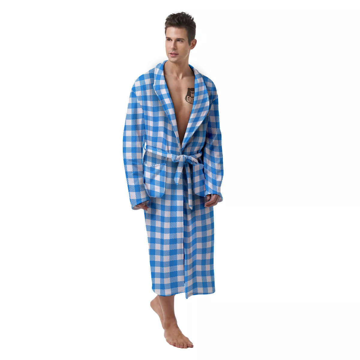 Blue Azure And White Gingham Print Men's Robe-grizzshop