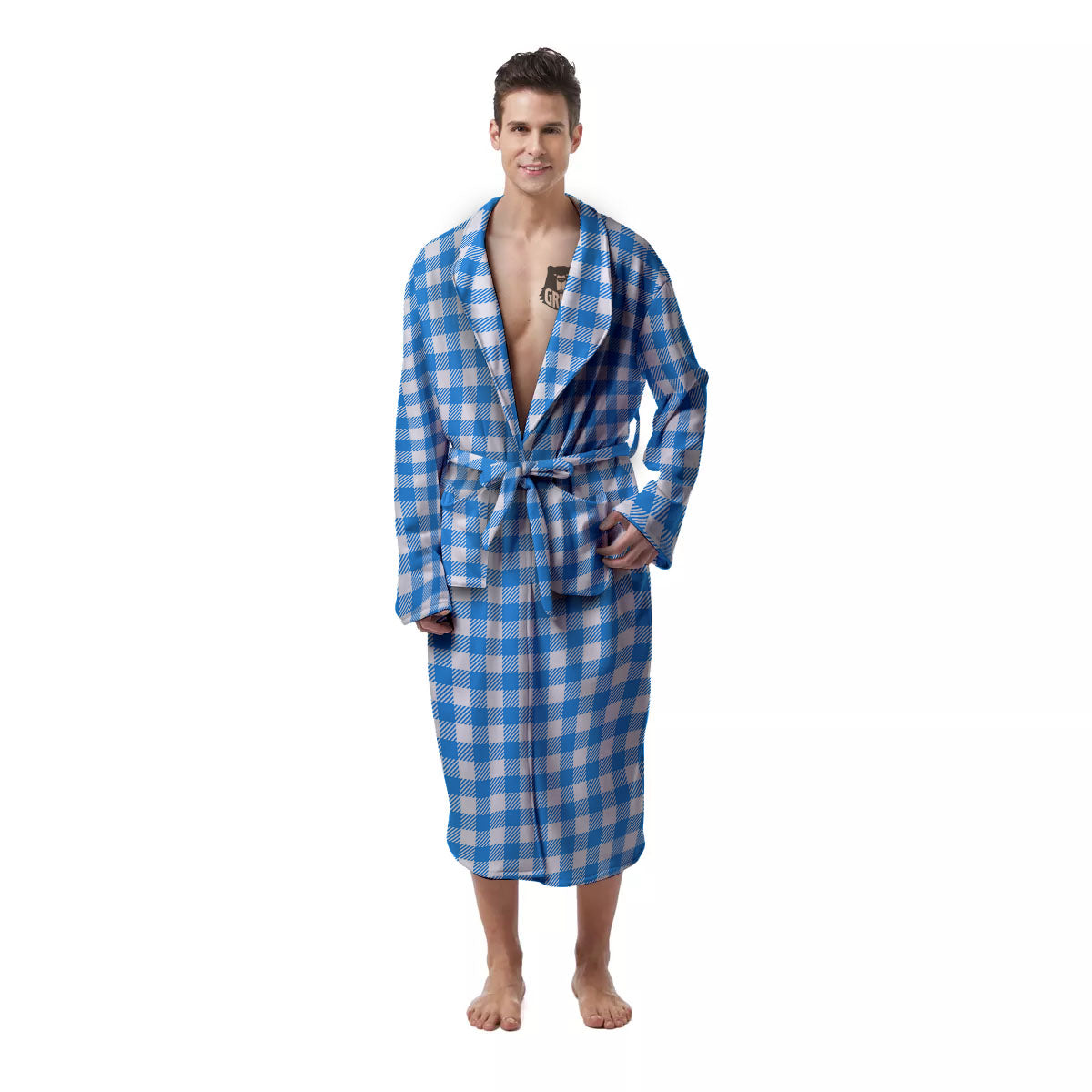 Blue Azure And White Gingham Print Men's Robe-grizzshop