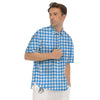 Blue Azure And White Gingham Print Men's Short Sleeve Shirts-grizzshop