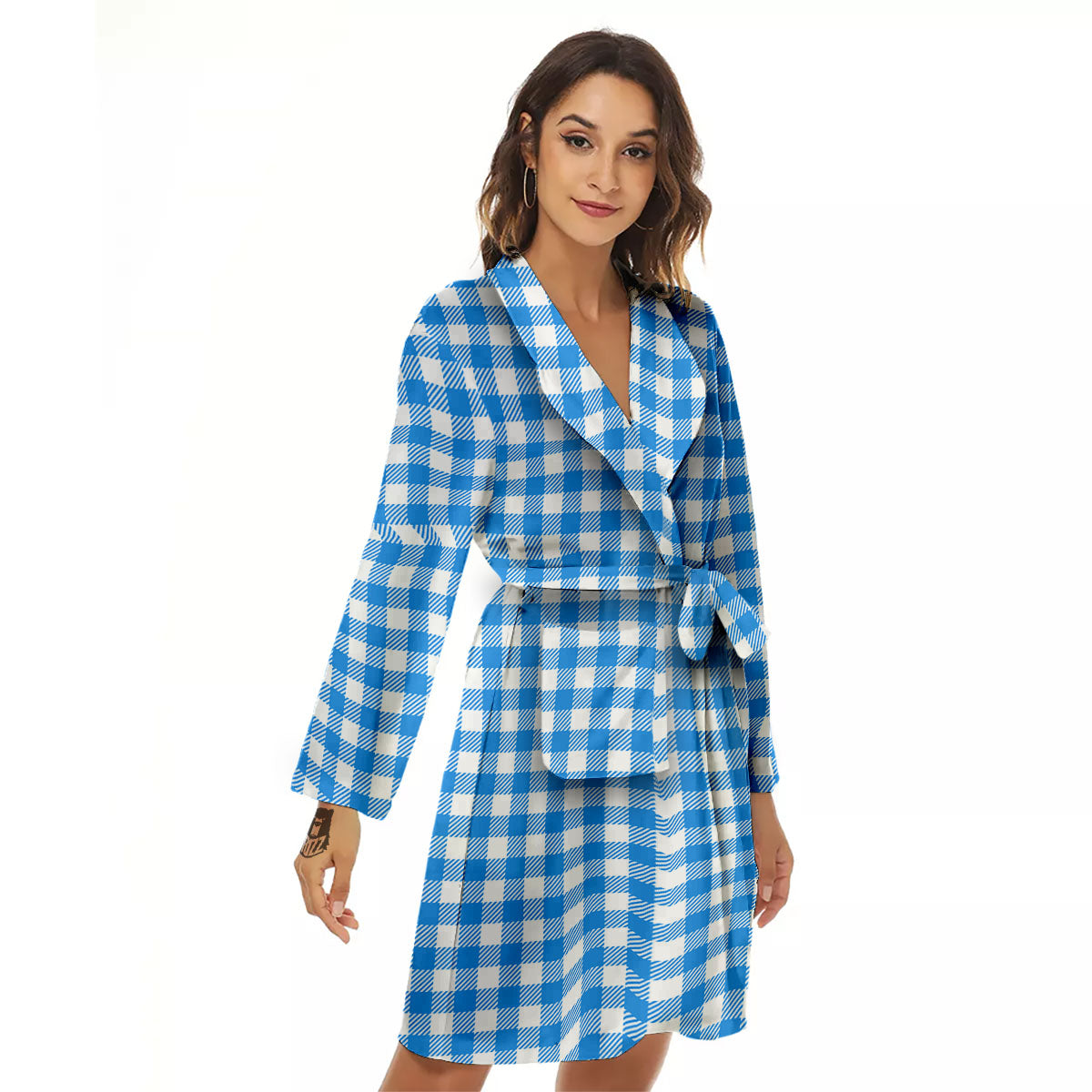 Blue Azure And White Gingham Print Women's Robe-grizzshop