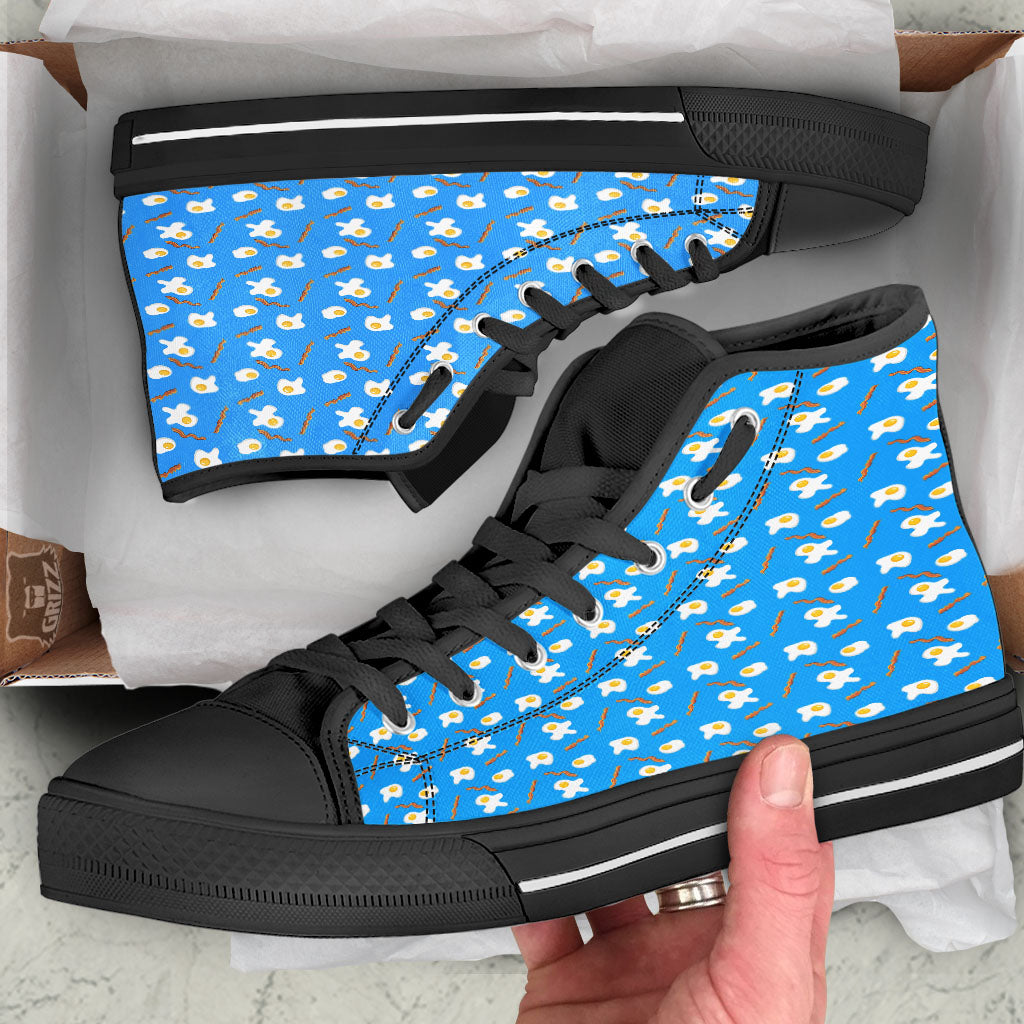 Blue Bacon And Fried Egg Print Pattern Black High Top Shoes-grizzshop
