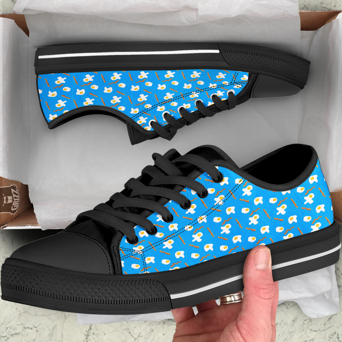 Blue Bacon And Fried Egg Print Pattern Black Low Top Shoes-grizzshop