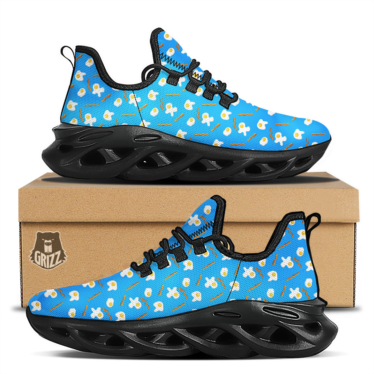 Blue Bacon And Fried Egg Print Pattern Black Running Shoes-grizzshop