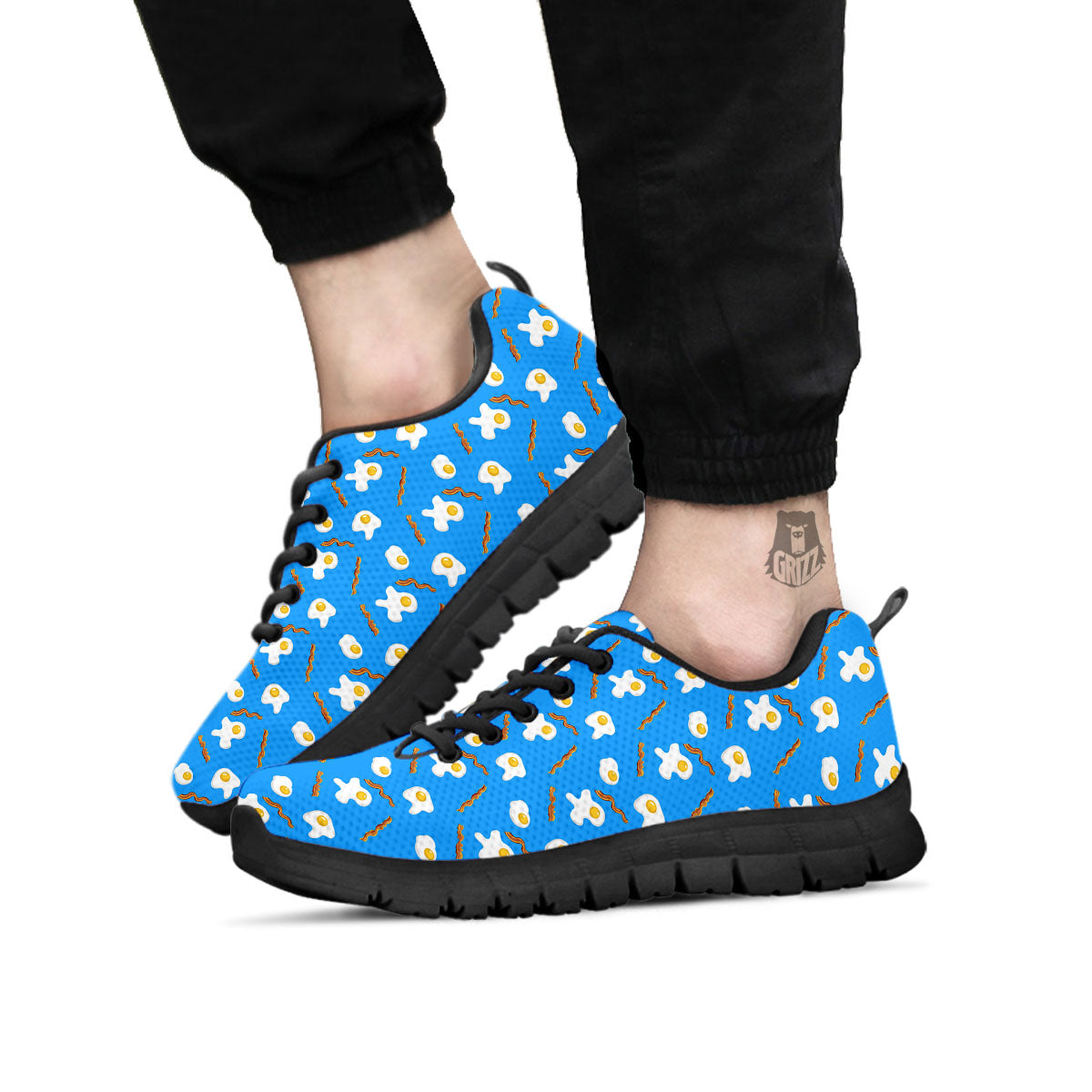 Blue Bacon And Fried Egg Print Pattern Black Sneaker-grizzshop