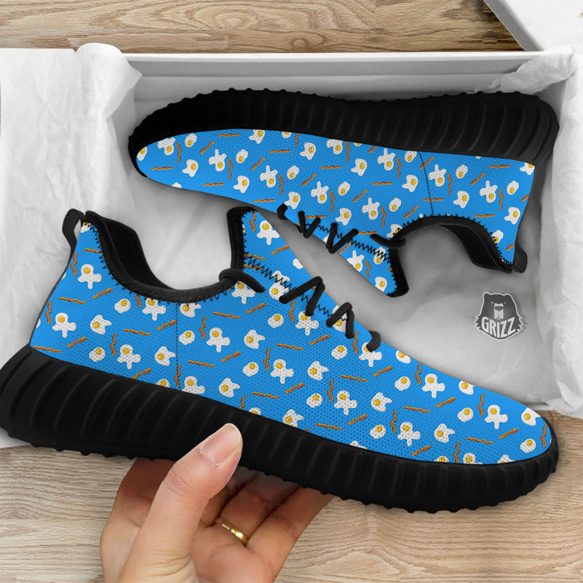 Blue Bacon And Fried Egg Print Pattern Black Walking Shoes-grizzshop