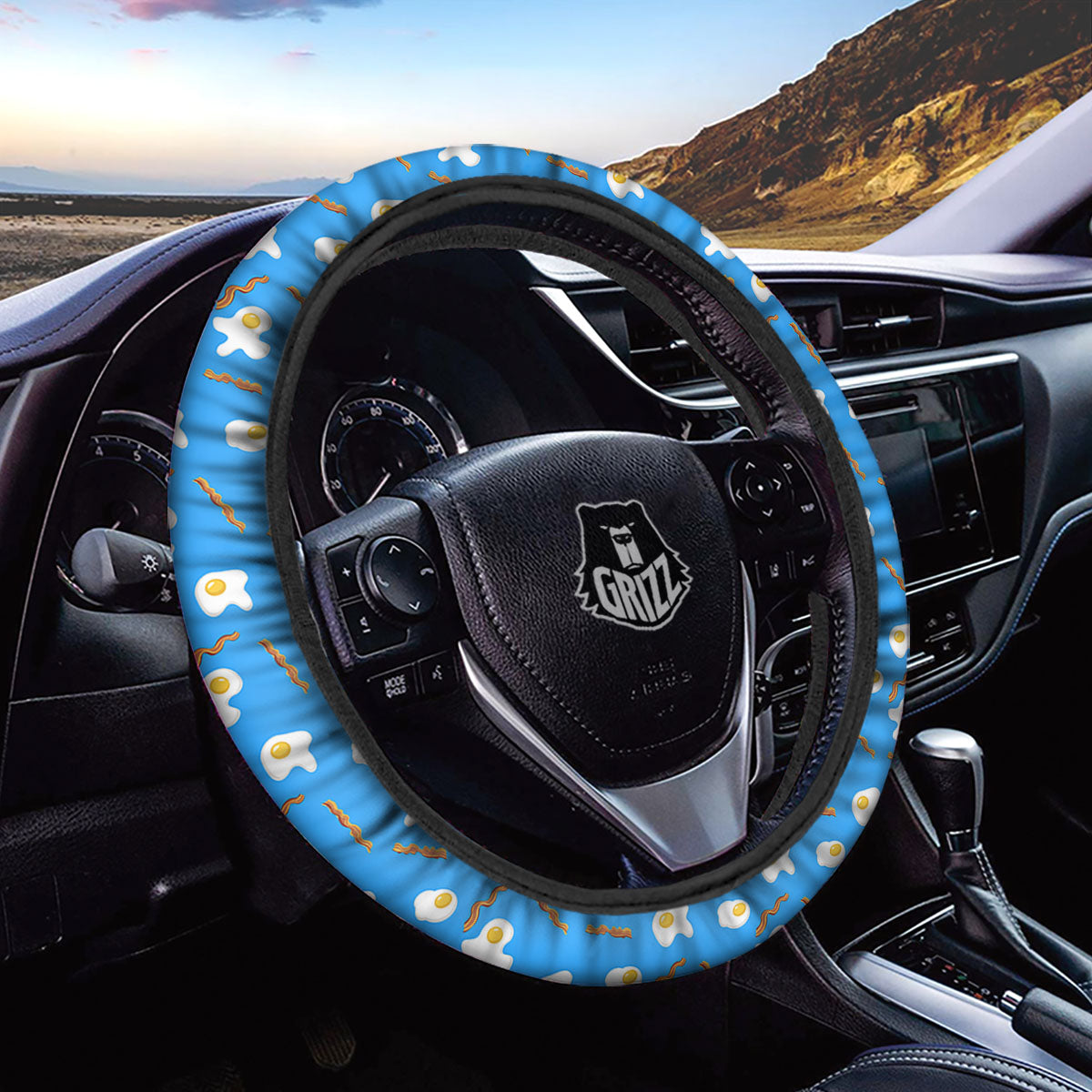 Blue Bacon And Fried Egg Print Pattern Car Steering Wheel Cover-grizzshop