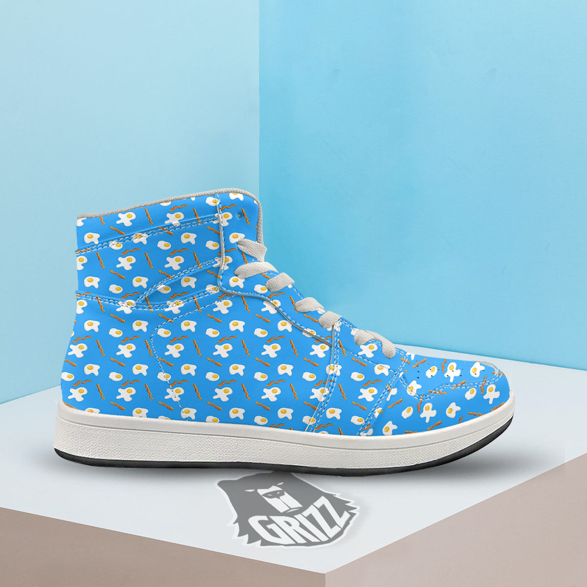 Blue Bacon And Fried Egg Print Pattern High Top Sneakers-grizzshop