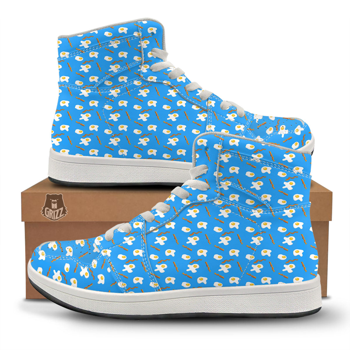 Blue Bacon And Fried Egg Print Pattern High Top Sneakers-grizzshop