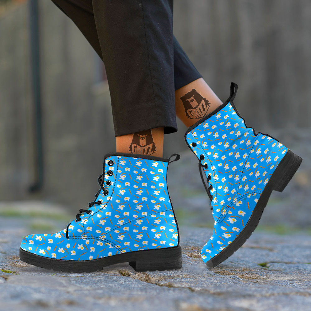 Blue Bacon And Fried Egg Print Pattern Leather Boots-grizzshop