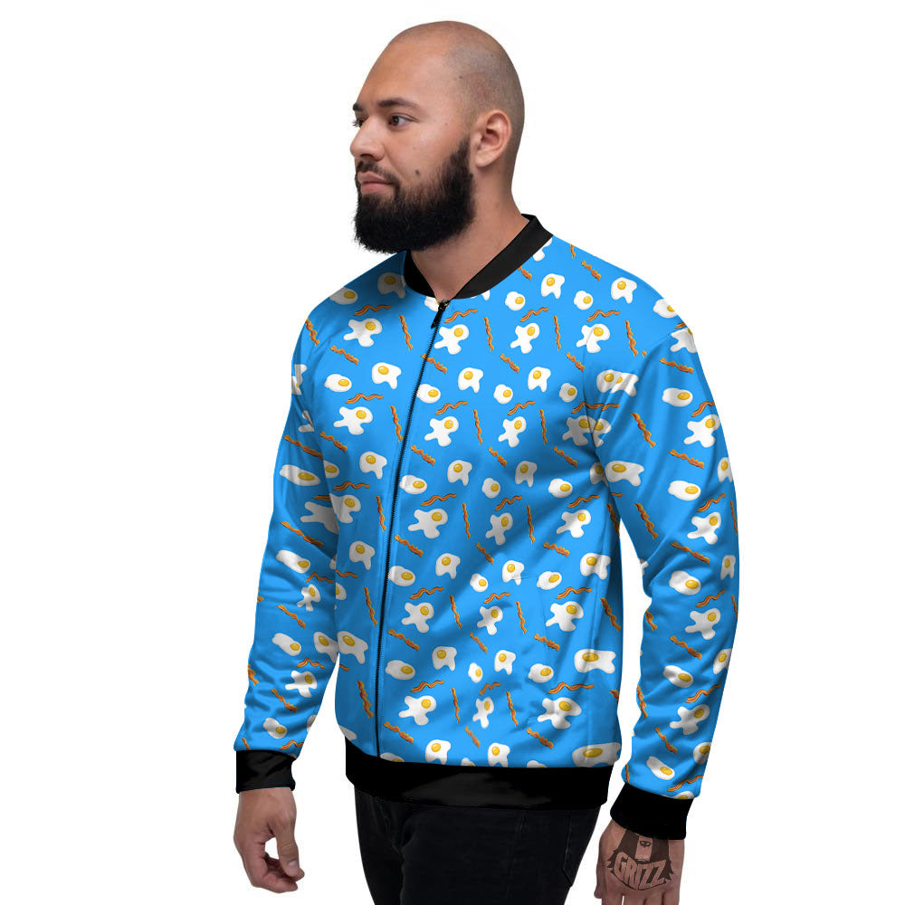 Blue Bacon And Fried Egg Print Pattern Men's Bomber Jacket-grizzshop