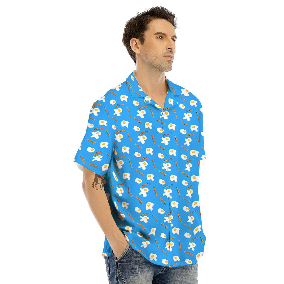 Blue Bacon And Fried Egg Print Pattern Men's Hawaiian Shirt-grizzshop